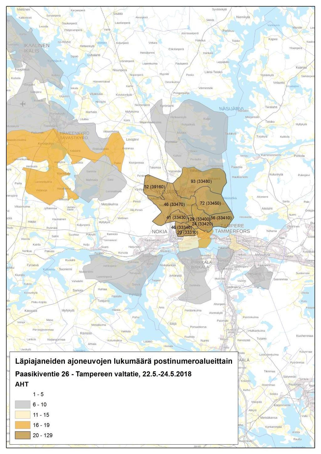 postinumeroalueittain, AHT 5 Paasikiventie 26:n ja Tampereen valtatien välillä (1) Mittauspisteiden väli on noin 3,5 kilometriä. Mittausajankohtana on 22.5.-24.5.2018 (tiistaista torstaihin) aamuhuipputunnit klo 7-9.