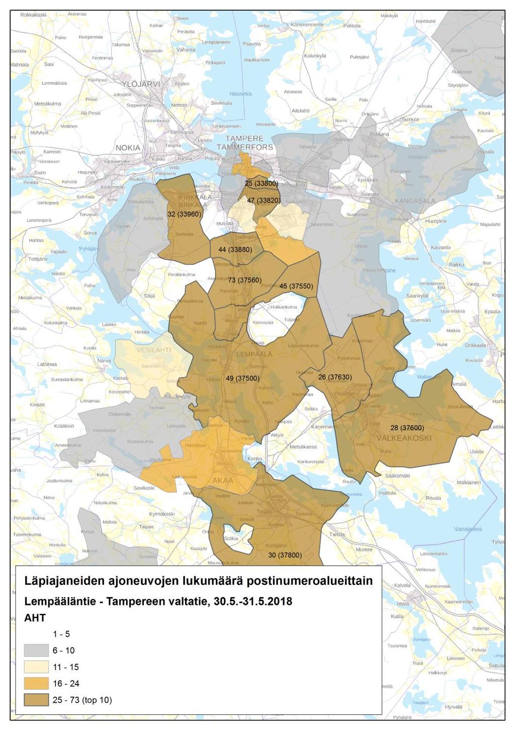 postinumeroalueittain, AHT 7 Lempääläntien ja Tampereen valtatien välillä (2) Mittauspisteiden väli on noin 1,5 kilometriä. Mittausajankohtana on 30.5.-31.5.2018 (keskiviikosta torstaihin) aamuhuipputunnit klo 7-9.