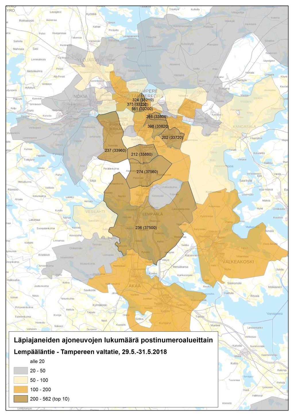 postinumeroalueittain 8 Lempääläntien ja Tampereen valtatien välillä (2) Mittauspisteiden väli on noin 1,5 kilometriä. Mittausajankohtana on 29.5.-31.5.2018 (tiistaista torstaihin).