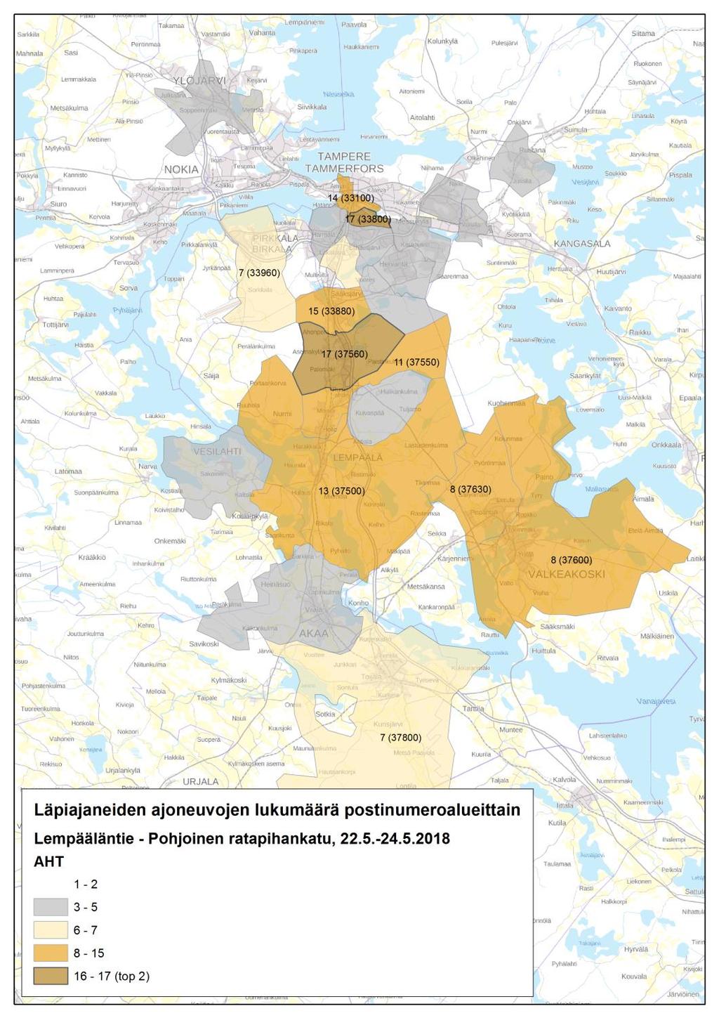 postinumeroalueittain, AHT 9 Lempääläntien ja Pohjoisen ratapihankadun välillä (3) Mittauspisteiden väli on noin 2 kilometriä. Mittausajankohtana on 22.5.