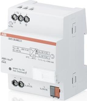 18 6.2.2.2 ABB SV/S 30.640.3.1 ABB:n valmistama SV/S 30.640.3.1 on virtalähde, jonka tarkoituksena on ylläpitää KNX-verkon käyttöjännitettä ja tarjota KNX-verkon toimilaitteille niiden tarvitsema virta.