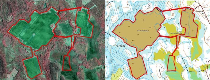 44 Kuva 4. Kuvapari turvetuotantoalueesta ilmakuvassa ja peruskartalla (Metsähallituksen Silvia-suunnittelujärjestelmä). 9.1.