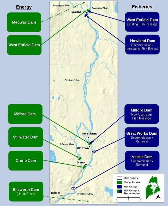 Penobscot-joen entisöintiprojekti (PRRP) Action Steps 3 padon osto Veazie ja Great Works poistot Howland ylikulku Ensiluokkaisen kalaväylän asennus Milfordissa