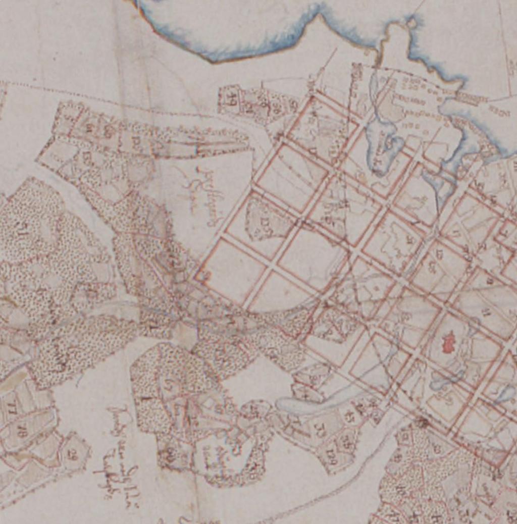 MERKINTÖJEN SELITYKSIÄ: rantaviiva ja purot 1600-luvulla: kaupungin vanhimman kartan maanmittari Claes Claesson 1649 mukaan maiseman solmukohta: kirkko kadonnut lampi s kir elän ko te lle en ku ha