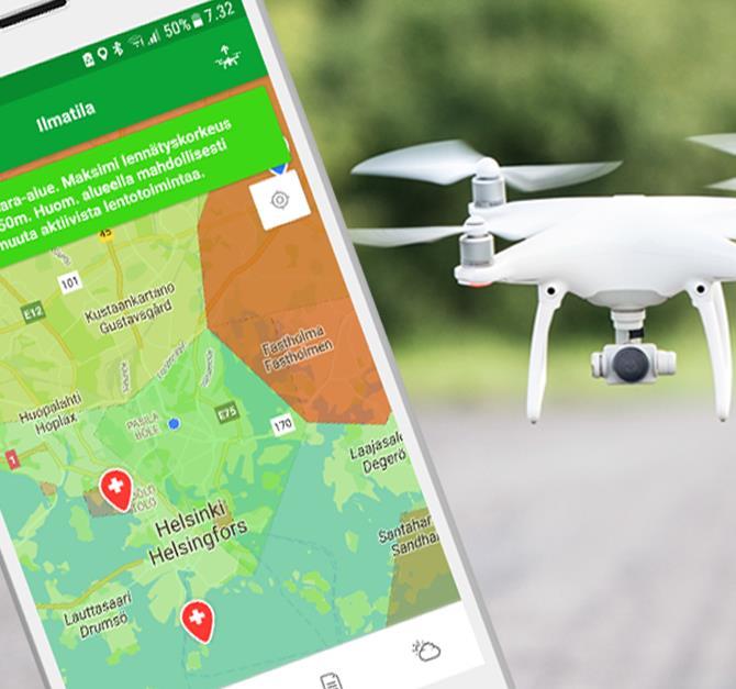 Esimerkki uudesta digitaalisesta palvelusta: Droneinfo-mobiilisovellus Droneinfo-mobiilisovelluksesta saa helposti tietoa dronejen lennättämiseen vaikuttavista kielto- ja rajoitusalueista