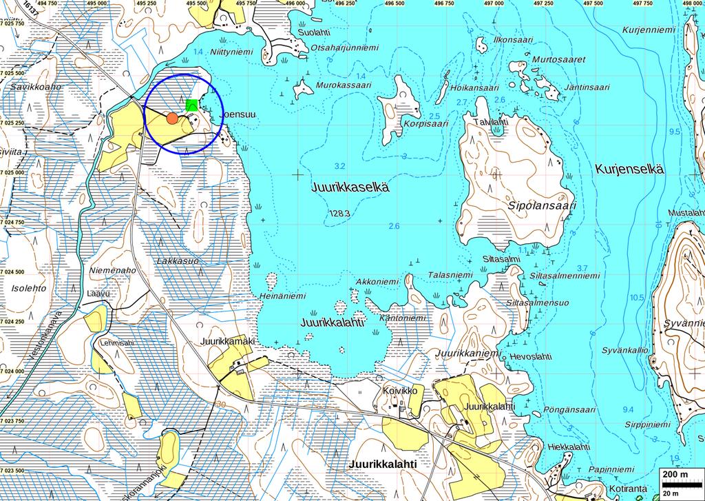 3 Yleiskartta Inventointi Tutkimusalue on sinisen ympyrän sisällä. Oranssi pallo Lampaanjärvi Joensuu löytöpaikka, vihreällä suunniteltu rakennuspaikka.