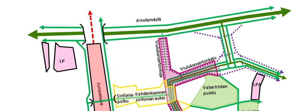 Liikenteen tavoiteverkko VE4: Aukio jatkuu kadun yli, reilusti laajempi katualueen rauhoittaminen 20 VE2 mukaista ajoradan korotusta on jatkettu Diggarinkadun, Ainolanväylän