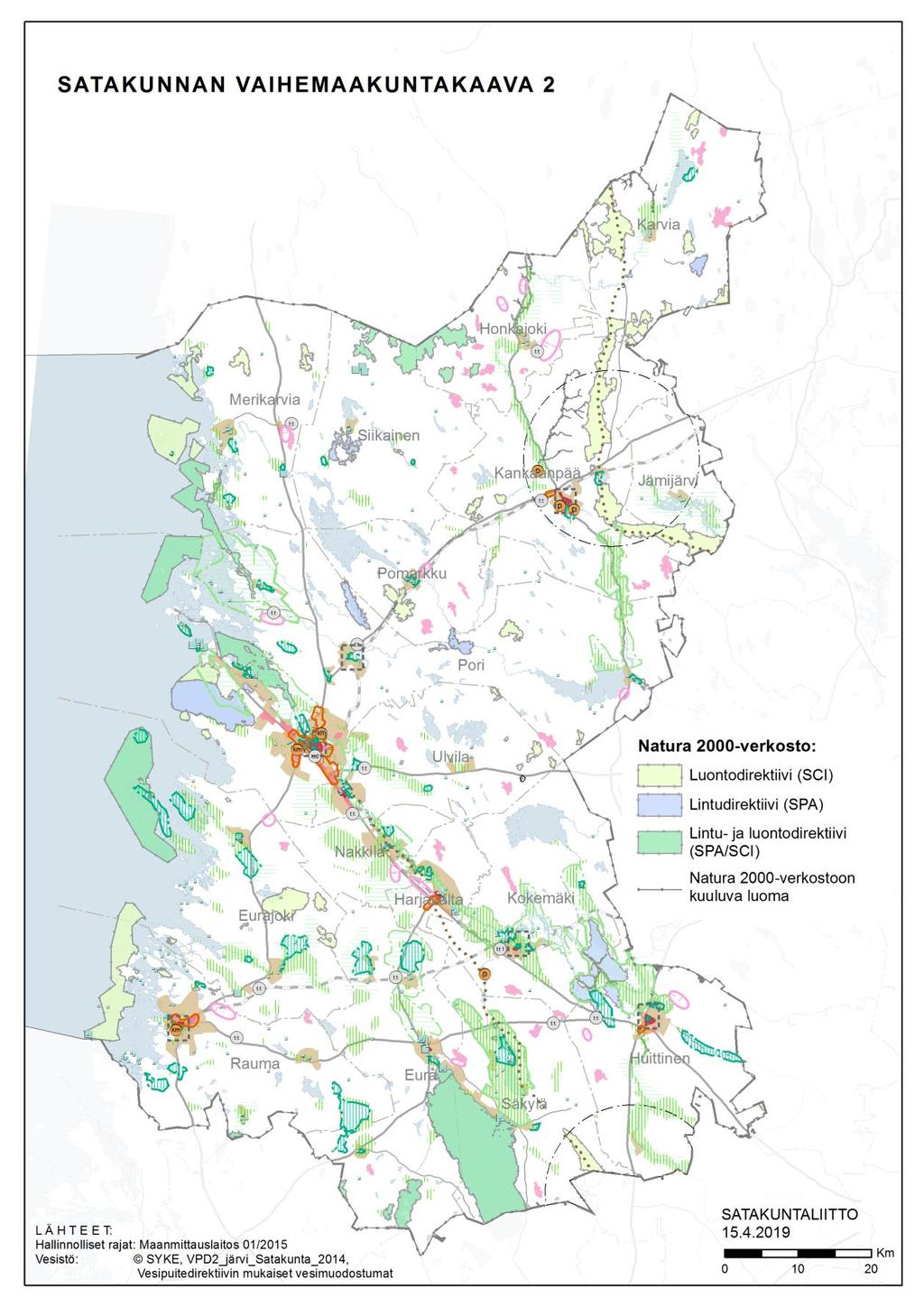 Kuva 9. Satakunnan vaihemaakuntakaavan 2 suhde Natura 2000 -verkostoon kuuluviin alueisiin.