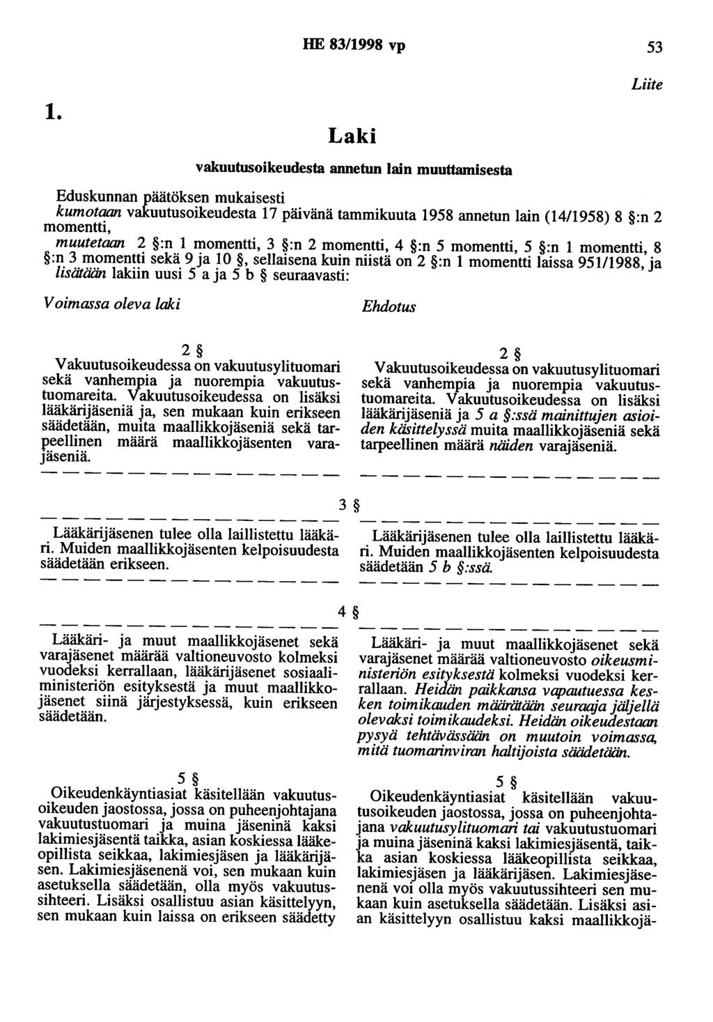 1. HE 83/1998 vp 53 vakuutusoikeudesta annetun lain muuttamisesta Liite kumotaan vakuutusoikeudesta 17 päivänä tammikuuta 1958 annetun lain (1411958) 8 :n 2 momentti, muutetaan 2 :n 1 momentti, 3 :n