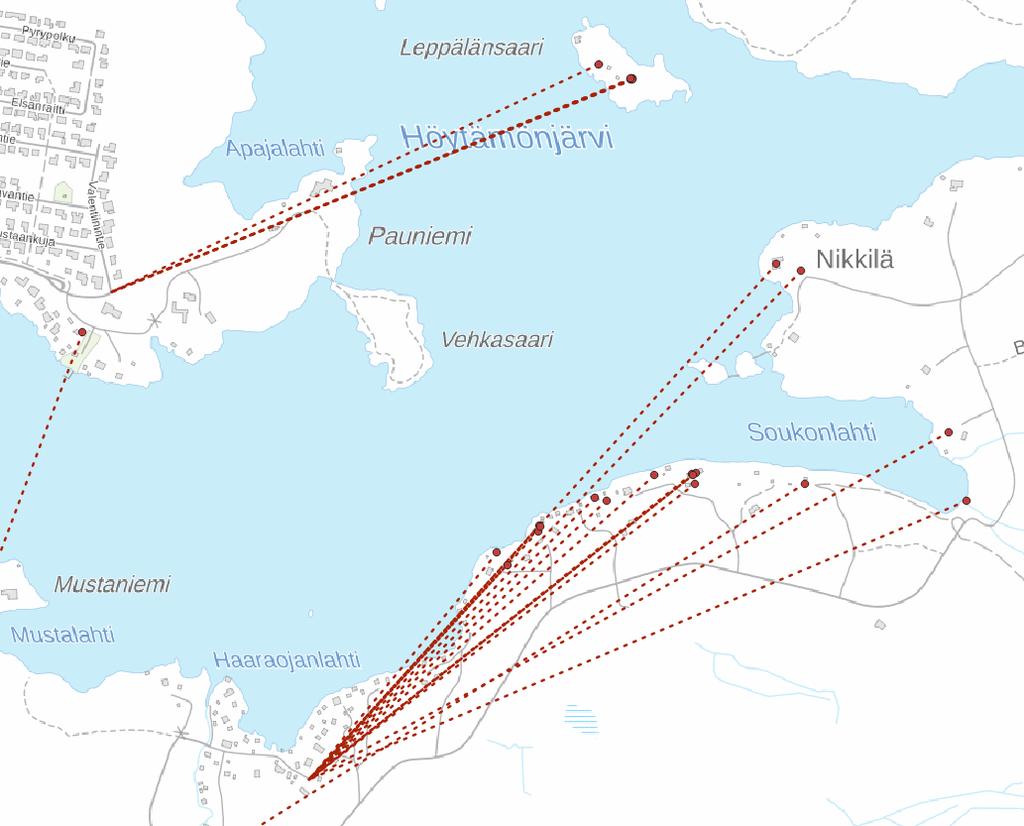 Esimerkkejä analyysituloksista kunnalle Etäisyys tiestä yli 200/500 m Viiva yhdistää osoitepisteen lähimpään pisteeseen osoitteenmukaisella tiellä tai tälle johtavalla nimettömällä tiellä.