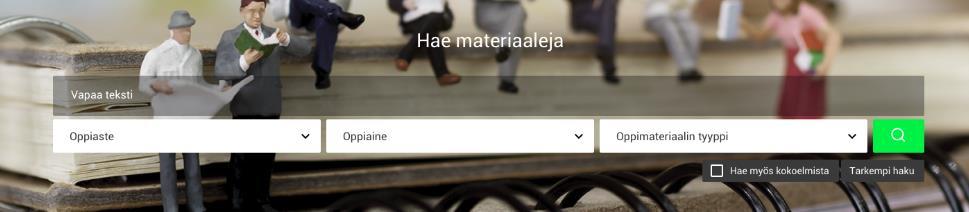 Oppimateriaalien haku Oppimateriaalipalvelun perushaku mahdollistaa asiasanahaun sekä rajauksen koulutusasteen ja oppiaineen perusteella Haussa hyödynnetään palvelun määrittelemään metatietomallia