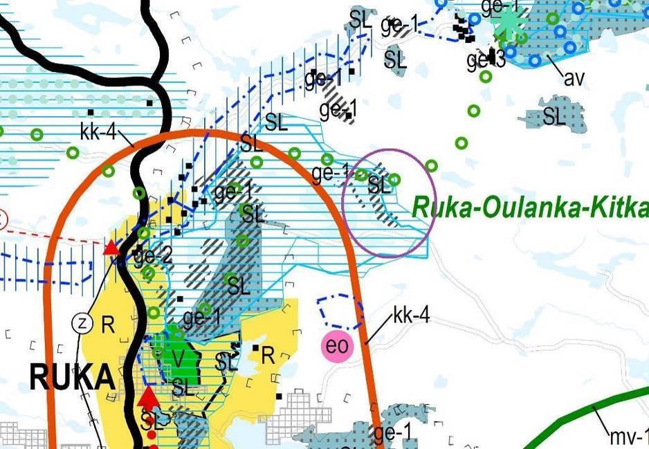 VIRKKULAN RANTA-ASEMAKAAVAN OSITTAINEN MUUTOS 17 Kuva 12 Maakuntakaavojen epävirallinen yhdistelmä. Violetti ympyrä osoittaa summittain kaava-alueen sijainnin Alue kuuluu Rukan osayleiskaavan ns.