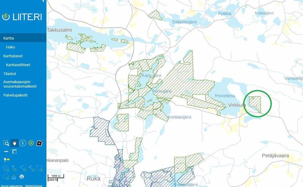 Nyt tekeillä olevan kaavan ja lähialueen kaavojen sijainti on oheisella kartalla. Kuva 15 Alueen ympäristön kaavatilanne Liiteri -tietopalvelun mukaan.