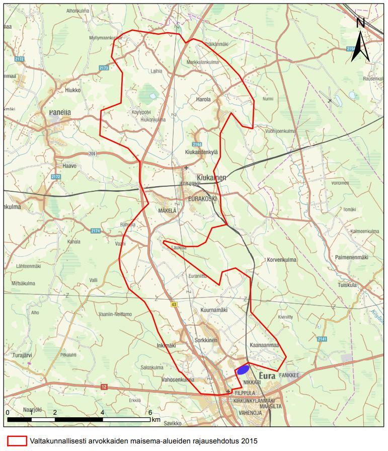 6(14) Euran ja Kiukaisten valtakunnallisesti merkittävän kulttuurimaiseman rajausehdotus. Suunnittelualue esitetty sinisellä soikiolla.