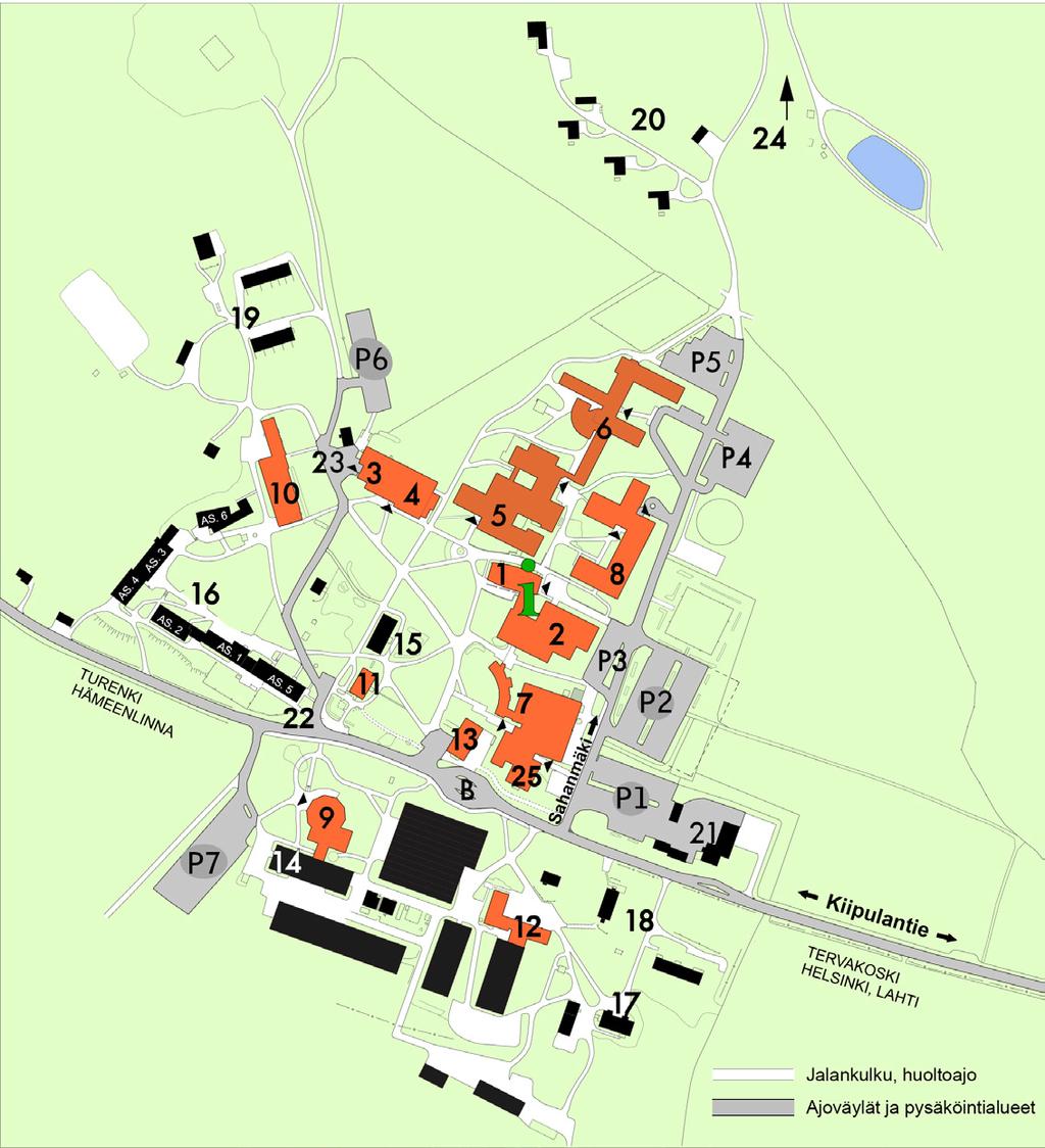 1. KIIPULAKESKUS Neuvonta i Opintotoimisto Kirjasto Hallinto 2. LIIKUNTAHALLI 3. RUOKALA, RUSTHOLLI 4. AUDITORIO, KIIPULASALI 5. KUNTOUTUSKESKUS 6. Majoitus Guest House Kuntoutujien vastaanotto 7.