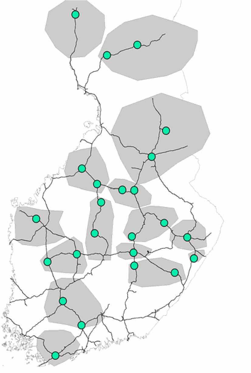 25 Tarkastelujen mukaan alle 16 terminaalista muodostuva verkko, lisää raakapuun kuljetusten kokonaiskustannuksia (kuva 15) kuorma-autoilla hoidettavien alkukuljetusmatkojen huomattavan pidentymisen