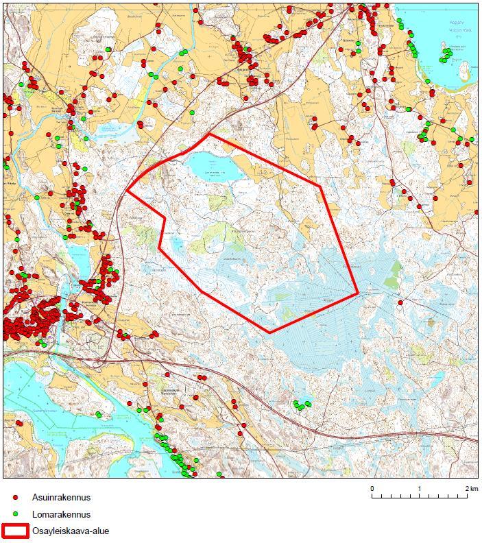 4 4.2 Maisema ja rakennettu ympäristö Osayleiskaava-alue on rakentamatonta metsäaluetta, jossa risteilee metsäautoteitä. Kylämäistä asutusta on valtatien 6 länsipuolella Koskenkylässä.