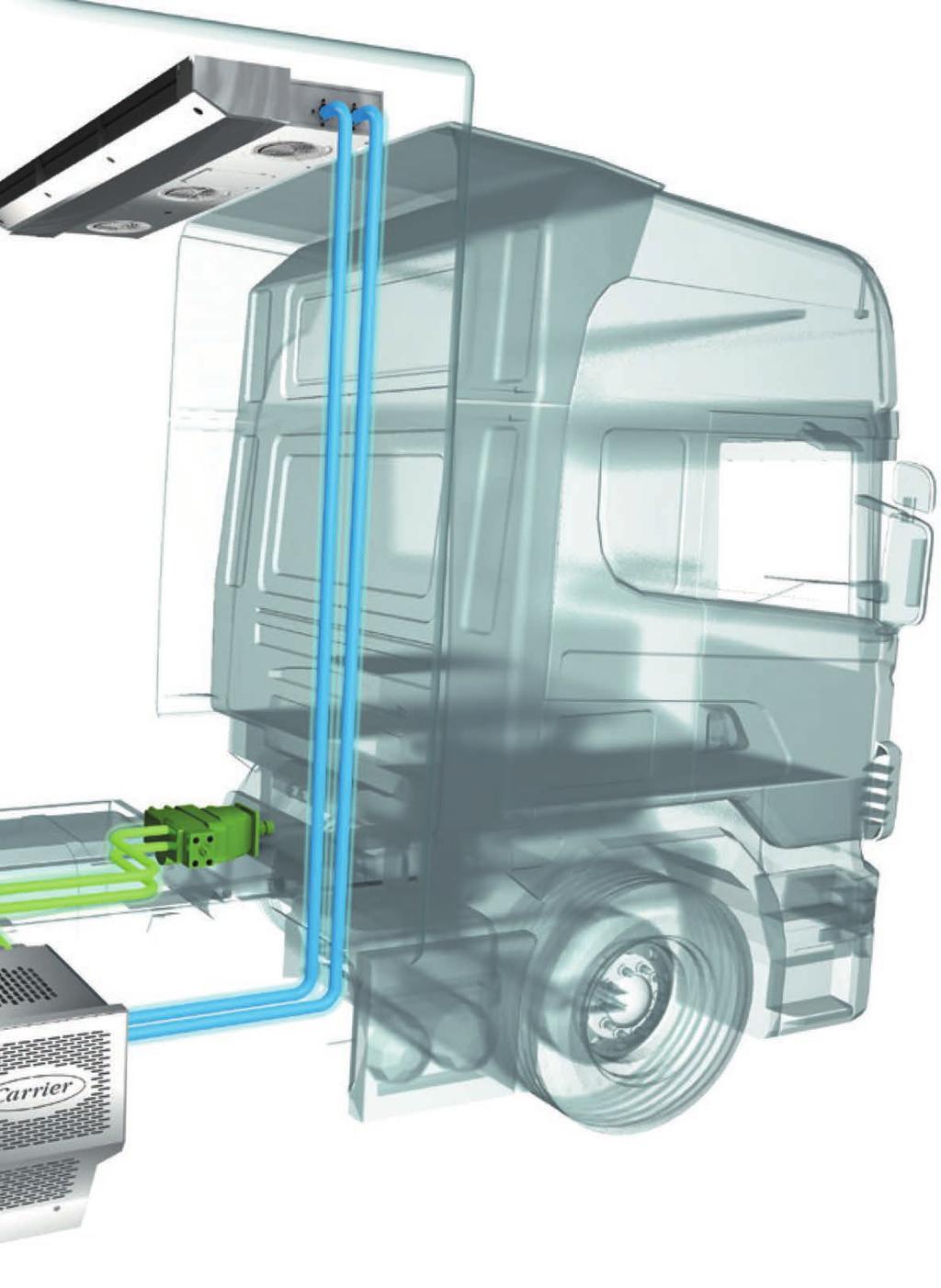 Carrier Eco-Drive -generaattori tuottaa 400V voimavirtaa Carrier-lämmönsäätölaitteille hyödyntäen ajoneuvon omaa moottoria.