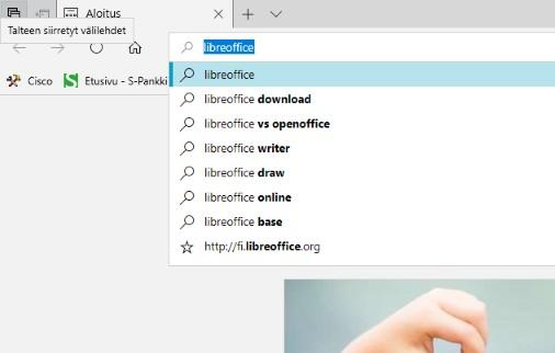 Ohjelman lataaminen internetistä ja asentaminen tietokoneelle Työpöytäohjelma Esimerkissä käytetään Microsoft Edge selainta ja asennetaan LibreOffice ohjelmisto.