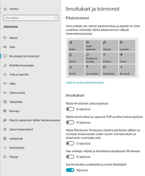 Ilmoitukset ja toiminnot Windows 10 ja sovellukset näyttävät erilaisia ilmoituksia. Kaikki halutut ilmoitukset näkyvät toimintokeskuksessa.