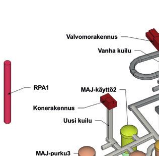 Kuva 2. Olkiluodon VLJ-luola laajennettuna, näkymä lounaasta. Takimmaiset kaksi siiloa (KAJ- ja MAJ-käyttö1) kuuluvat VLJ-luolan käytössä olevaan osaan.