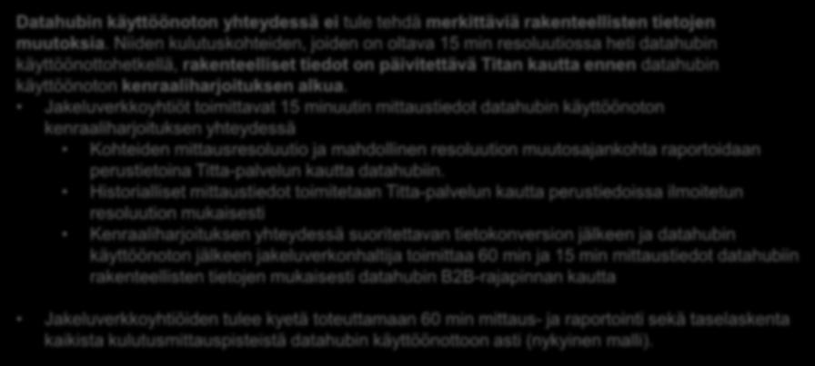 Jakeluverkkoyhtiöt toimittavat 15 minuutin mittaustiedot datahubin käyttöönoton kenraaliharjoituksen yhteydessä Kohteiden mittausresoluutio ja mahdollinen resoluution muutosajankohta raportoidaan