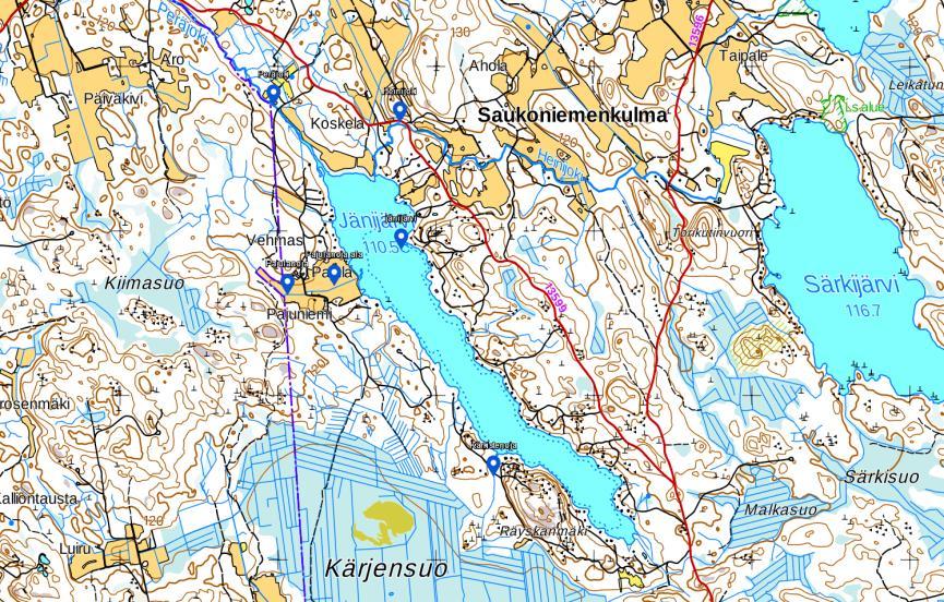 6(9) Jänijärven alueen näytteenottopisteet ja Pajulanoja elokuussa 2018 Jänijärveen laskevasta Heinijoesta, joka virtaa Heini- ja Särkijärvestä, sekä Jänijärvestä laskevasta Peräjoesta näytteet