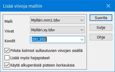 3.2.4 Lisää viivoja malliin Toiminnolla Maastomalli Muut Lisää viivoja malliin voidaan maastomallin kolmioita jakaa osiin uusia, malliin lisättäviä, taiteviivoja käyttäen.