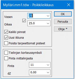 4.5.3 Poikkileikkaus Avaa toiminto Maastomalli Poikkileikkaus. Poikkileikkaus lasketaan oletuksena elementtilistan aktiivisesta maastomallista ja mittalinjasta.