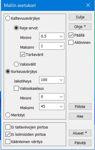 Mallin asetukset Toiminnolla Maastomalli Asetukset voidaan helpottaa muodostetun maastomallin tulkintaa. Maastomalli voidaan värjätä korkeuden tai kolmioiden kaltevuuden mukaan.