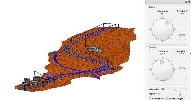 3D katselu -ikkuna Toiminnolla Ikkuna 3D katselu voidaan visualisoida maastomalleja, keilausaineistoja ja vektoriaineistoja.