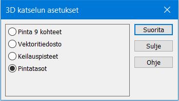 Pintamalli - kolmioiden pinnan piirto päälle tai pois. Kolmiot - kolmioiden reunaviivojen piirto päälle tai pois. Taiteviivat - piirto päälle tai pois.