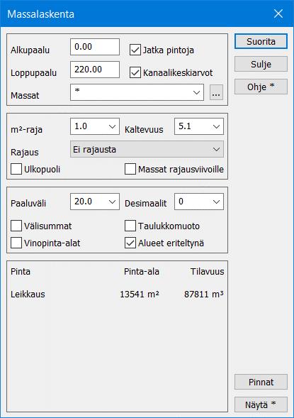 Avaa poikkileikkausikkunan toiminto Laskenta Massat. Massat lasketaan asetettujen alku- ja loppupaalujen väliltä. Kun painat Suorita, ohjelma laskee mallien massaksi 87 811 m 3 (vrt.