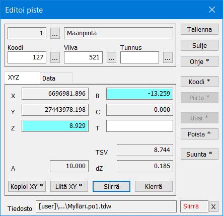 Editointi 6.2.1 Kumoa Kumoa-toiminnolla (Ctrl+Z) voit kumota edellisen editointitoiminnon. Tee uudelleen (Ctrl+Y) palauttaa kumoamisen. 6.2.2 Pisteet Pisteen tiedot Kun näytät hiirellä poikkileikkauksen pistettä, saadaan sen tiedot (mm.