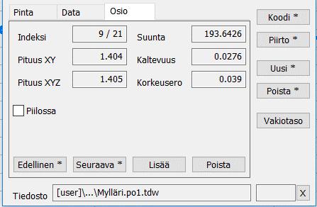 6.2.4 Poikkileikkaus Editoi Pintaa/Pinnan Tiedot Aktiivisen poikkileikkauspinnan editointi yhdellä paaluluvulla.