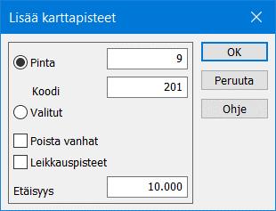 6.2.5 Hae pisteet Toiminnolla voidaan hakea pääikkunan kaikista vektoritiedostoista aktiiviseen poikkileikkaustiedostoon tietyllä etäisyydellä olevat karttapisteet tai tarkepisteet.