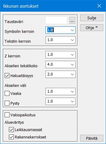 Tekstin kerroin ja Symbolin kerroin vaikuttavat tekstin ja symboleiden kokoon näytöllä, mutta eivät lopullisessa tulostuksessa. Z-kerroin on pystymittakaavan kerroin suhteessa vaakamittakaavaan.