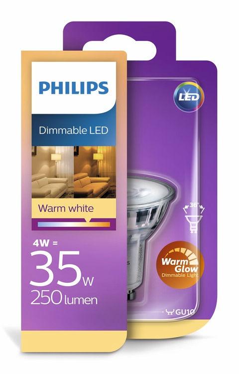 PHILIPS LED Spottilamppu (himmennettävä) 4 W (35 W) GU10 Lämpimän valkoisesta erittäin lämpimään valkoiseen WarmGlow, himmennettävä Sisältö ratkaisee Philipsin