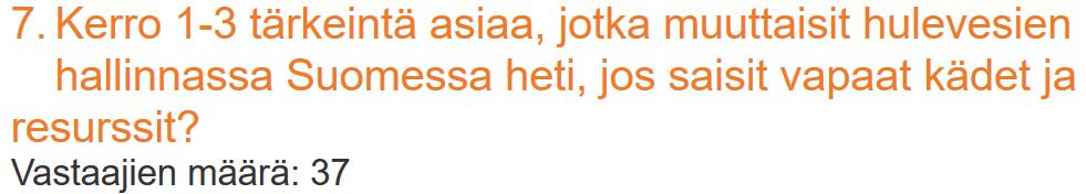 Lisää tutkimusta/kehittämistä/mittaamista (14 mainintaa), lisäksi: - Lisää opetusta/koulutusta (5) Vaihtoehtoisten menetelmien soveltaminen laajaan käyttöön (14), lisäksi: - Hulevesien hallinnan