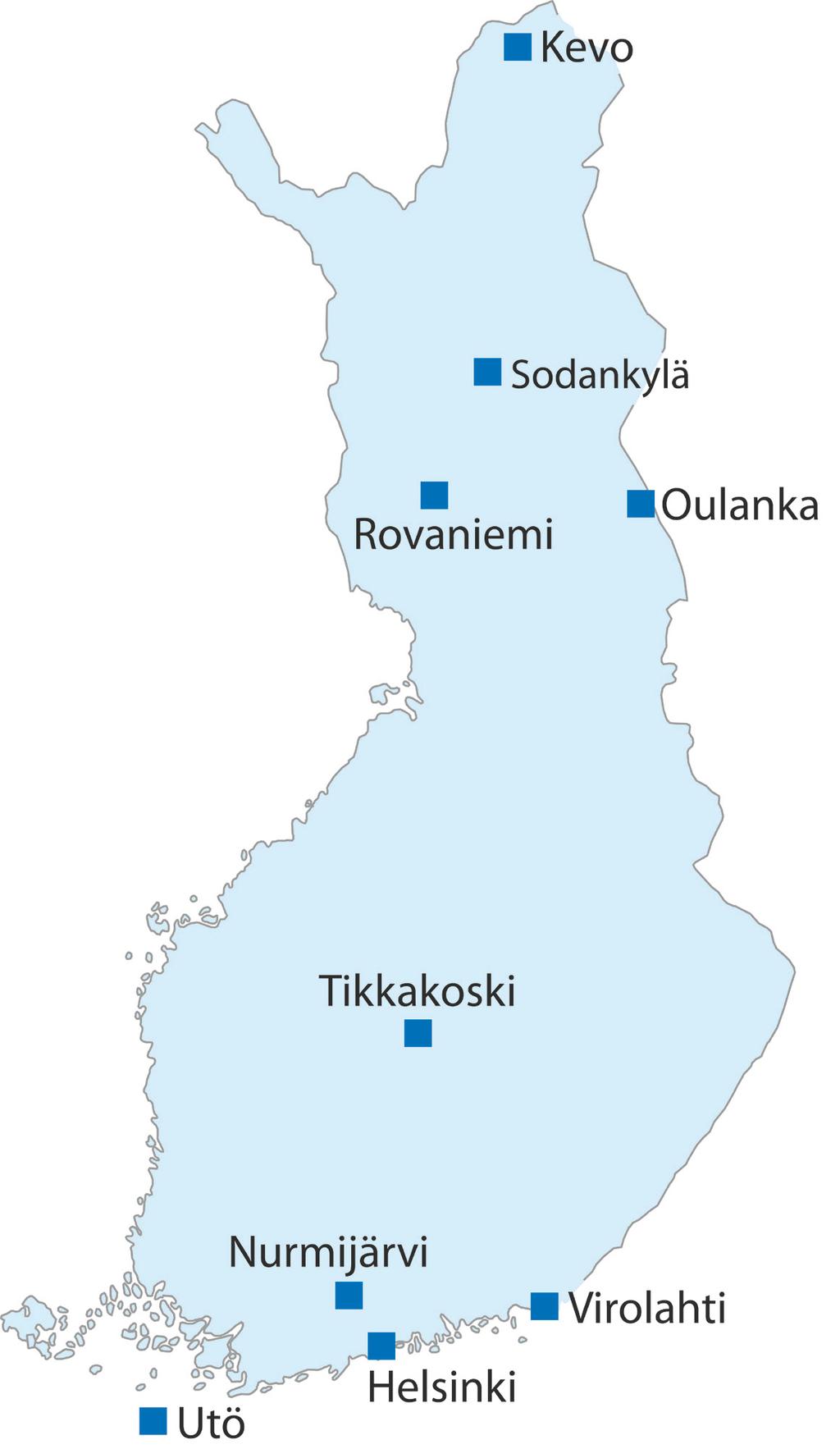 Kuva 4.6. Seuranta-asemat vuonna 2018. Bild 4.6. Bevakningsstationerna under året 2018.