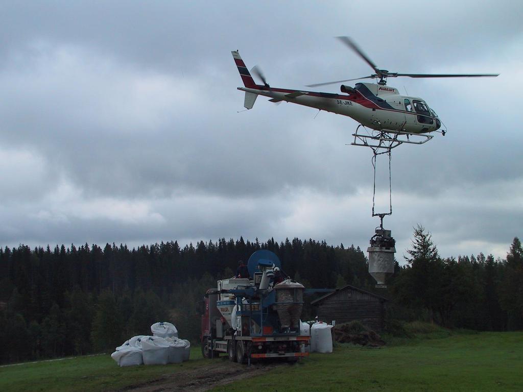 Tuhkan levitys helikopterilla Etuja: - Tasainen