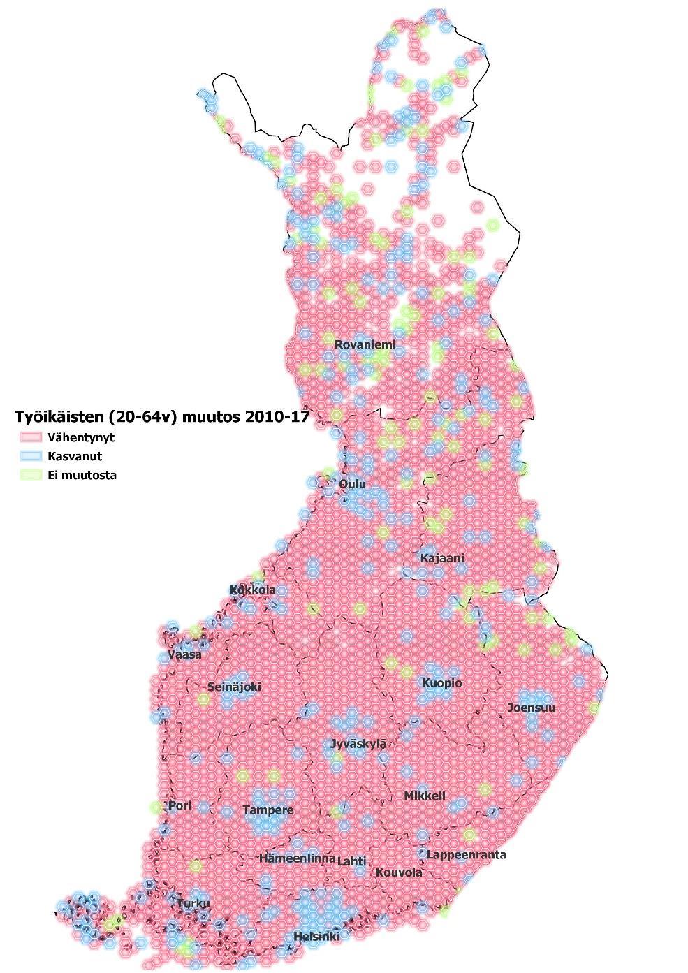 Työikäisen väestön määrä vähenee Graafissa on tarkasteltu 20-64 vuotiaan työikäisen väestön kehitystä 10 km x 10 km kennoissa vuosina 2010-2017.