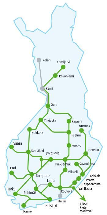 Kaukoliikenteen reittiverkko Kaukoliikenteen junakalustosta 98 % on