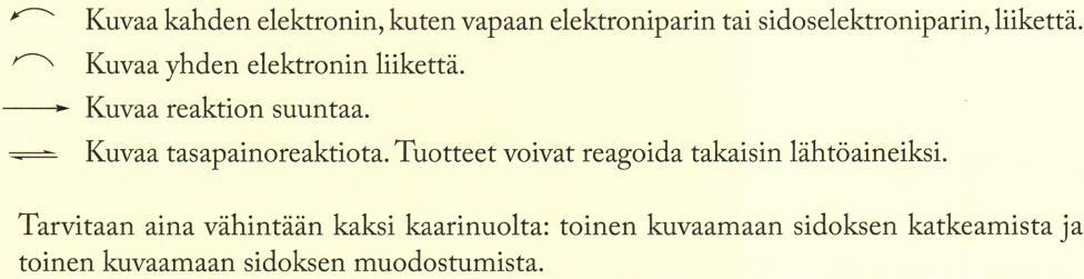 Sidoselektronien liikkeitä sidosten katkeamisessa/muodostuksessa kuvataan kaarinuolten avulla.