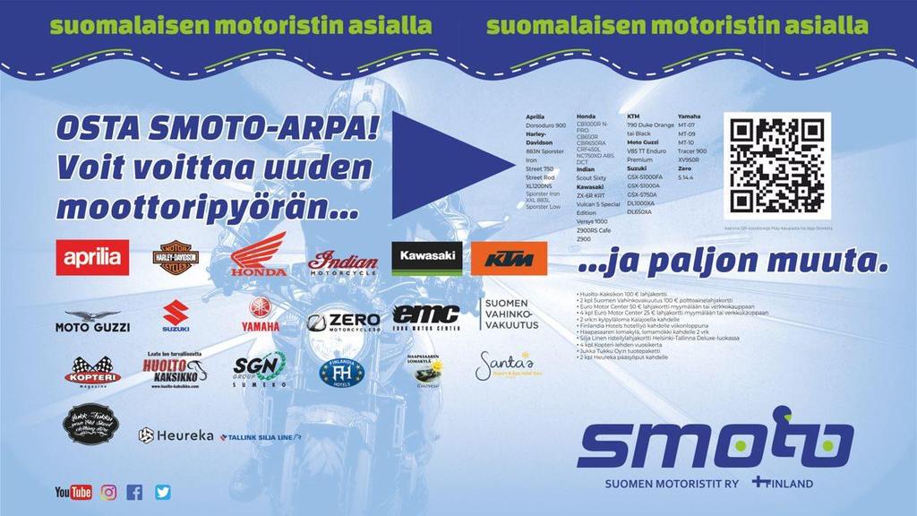 Varmista paikkasi arvonnassa ja osta moottoripyöräarpa NYT! 10 (13) Arpoja myydään SMOTOn nettisivuilla sekä monissa tapahtumissa ympäri Suomen.