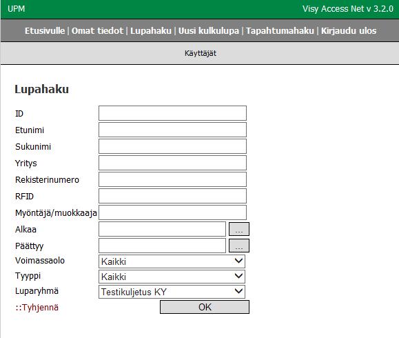 2.5 Lupahaku Lupahaulla voit tehdä monipuolisia hakuja järjestelmään tallennetuista kulkuluvista. Hakuehtoja annettaessa voidaan käyttää myös jokerimerkkejä * ja?