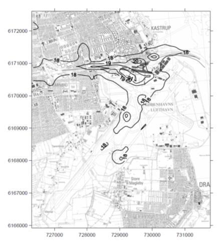 Takussutissiaq 5.40: Qulaanit isigalugu PM 2,5 µg/m 3 u-p ukiumut agguaqatigiissillugu nalingata nunami siaruartarnera. Ungaluni 150 m-ini siaruarneranik OML-imik naatsorsuinerit.