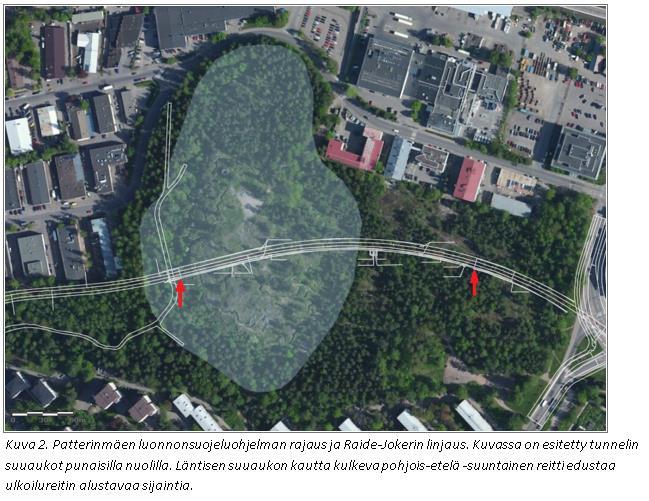 PATTERINMÄEN LUONNONSUOJELUOHJELMAN ALUE Ratalinjaus Patterinmäen kohdalla tunnelin kautta Läntinen tunnelin suuaukko rajauksen länsiosassa Rinnelehtoa,
