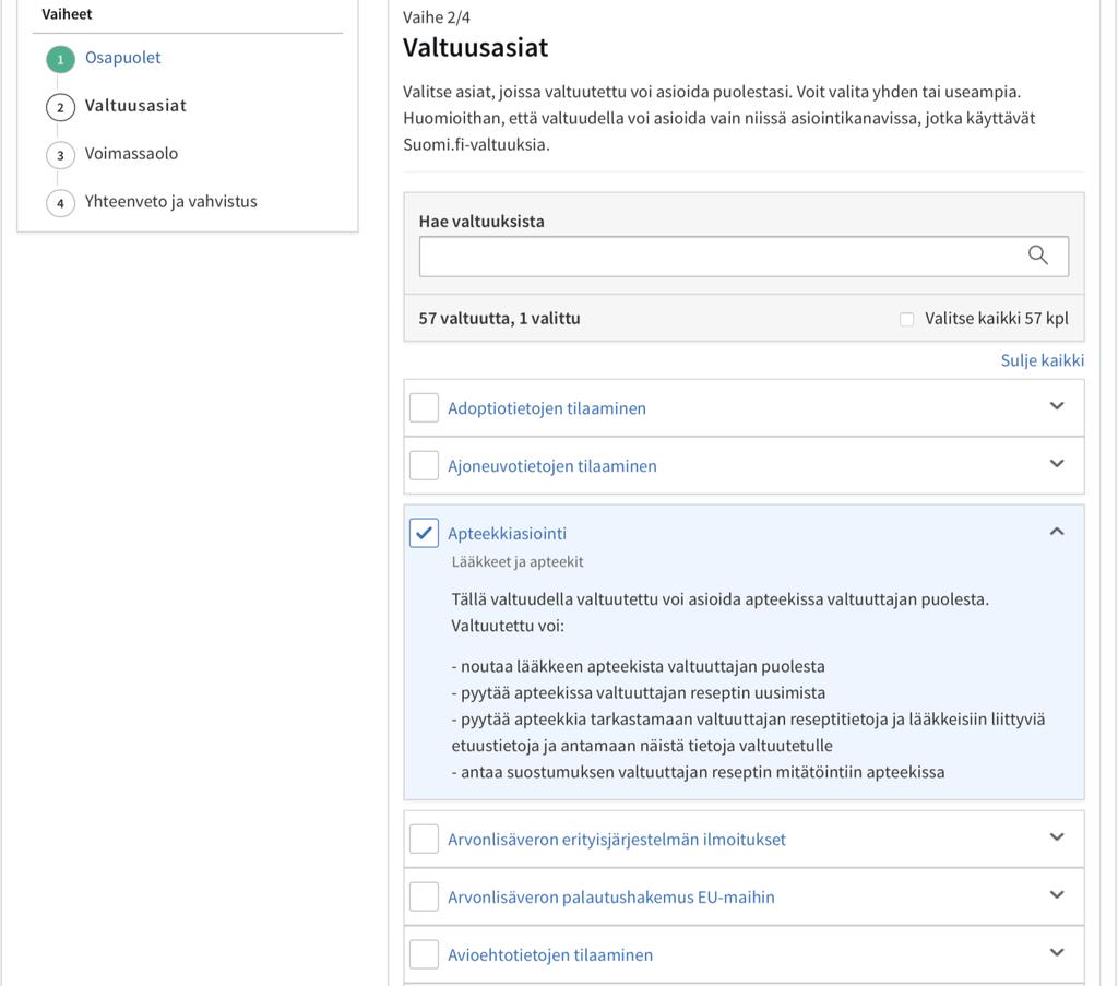 Vaihe 2: Valtuusasioiden valitseminen Valitse listalta haluamasi valtuusasia klikkaamalla sen nimeä.