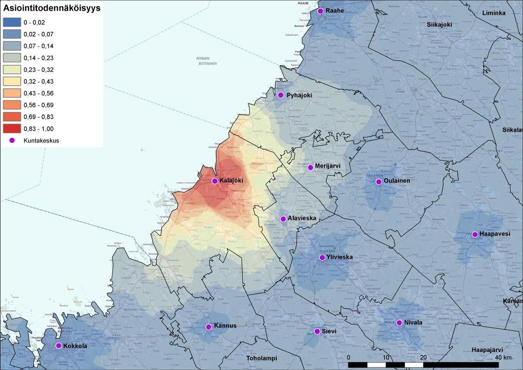 KAUPALLINEN SELVITYS 3 Kuva 2 Kalajoen keskustan asiointitodennäköisyys, vetovoimamalli 2.